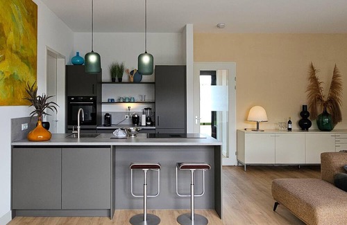 Zeewolde Cabin | Detached 6-person villa with paddleboards, waterfront garden with private swim deck, sunshade, BBQ, and luxurious open kitchen. Located at Villa Resort Harderwold in Zeewolde. Pet-friendly!